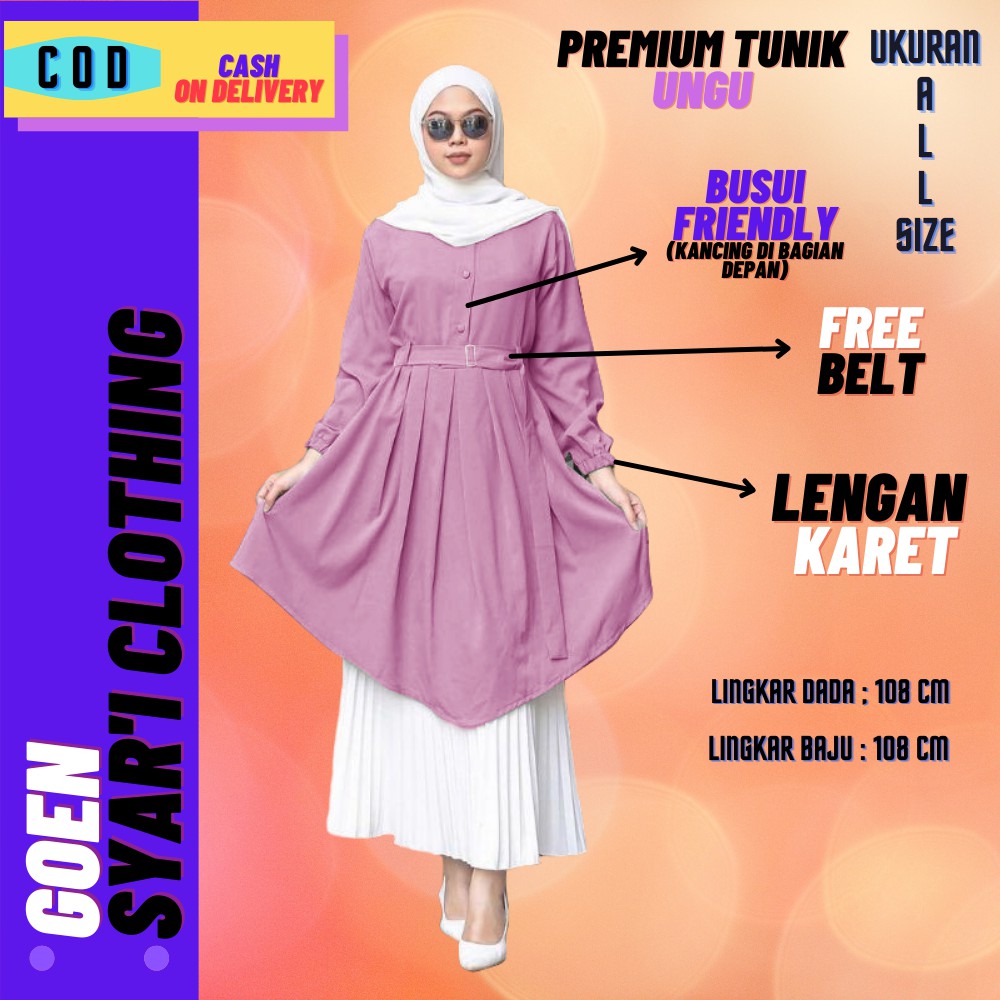 BAJU TUNIK WANITA MUSLIM DEWASA LENGAN PANJANG EXCLUSIVE KEKINIAN WARNA UNGU LILAC C8