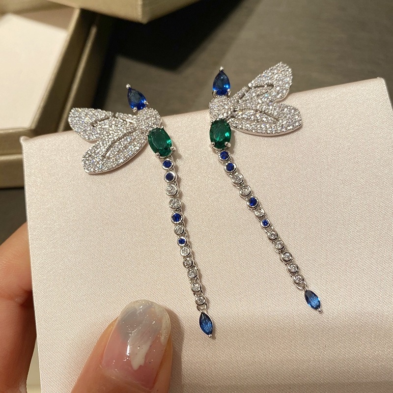 Colorful Moissanite Dragonfly Shape Long Sterling Silver Needle Stud Earrings