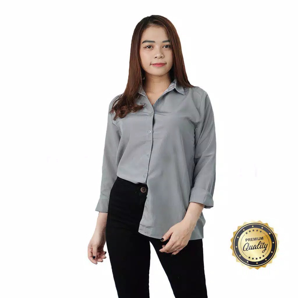 Kemeja wanita Putih Baju Kemeja Wanita Casual Hem Polos Cewek Kerja Kantoran Kuliah Kekinian Terbaru-Abu