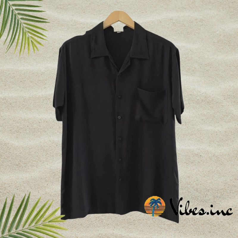 Kemeja Hawai Pantai Tropical Casual Pria Wanita Big Size Jumbo Polos Hitam