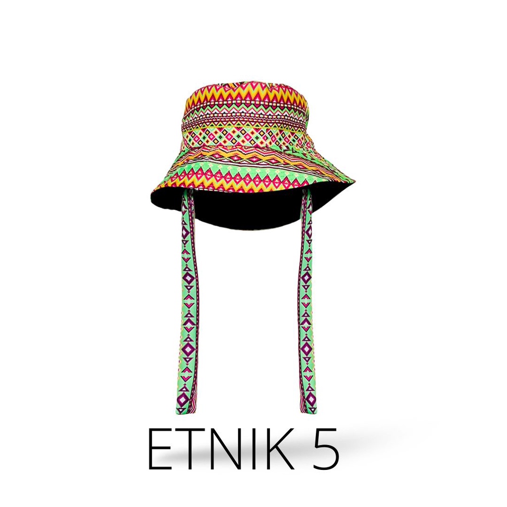 Topi Wide Bucket Hat Tali Motif Etnik Fashion Korean Style Wanita Pria Pantai Outdoor Selebgram