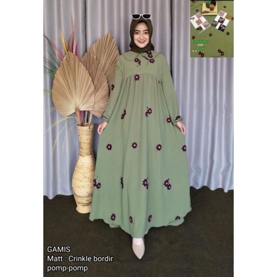 Gamis Terbaru crinkle bordir pom pom