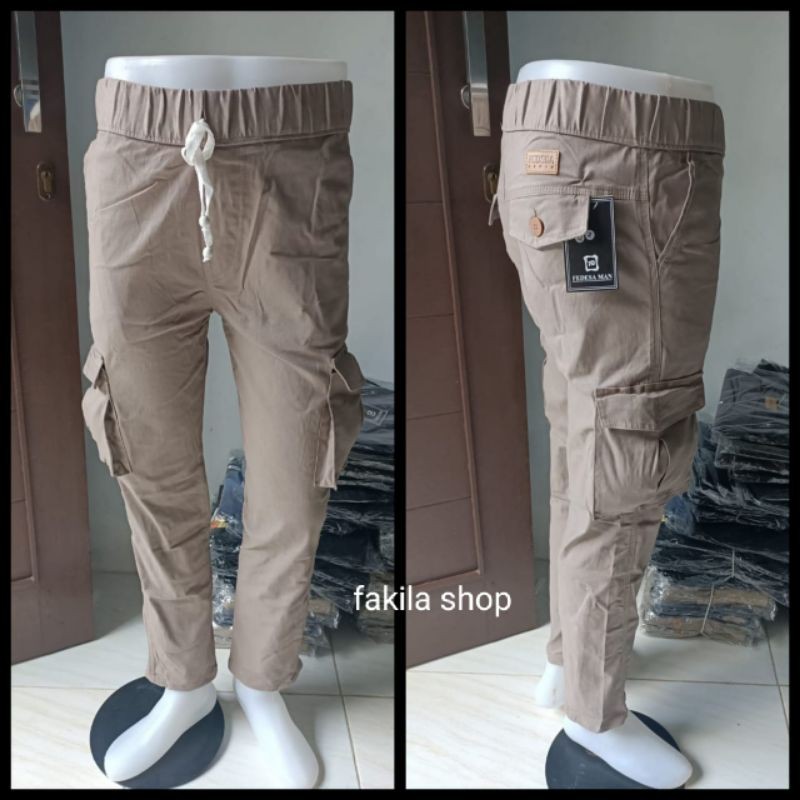 Celana Panjang Cargo Rib Wanita/Cewek Bahan Strecth Pinggang Karet Hitam Cream Abu Abu Original