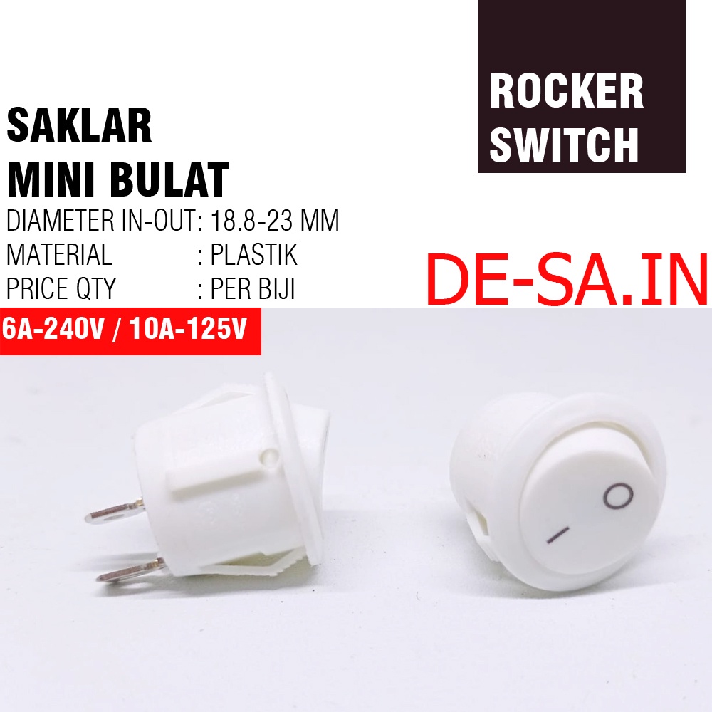 SAKLAR MINI BULAT PUTIH - 2 PIN WHITE ROCKER SWITCH FOR FURNITURE