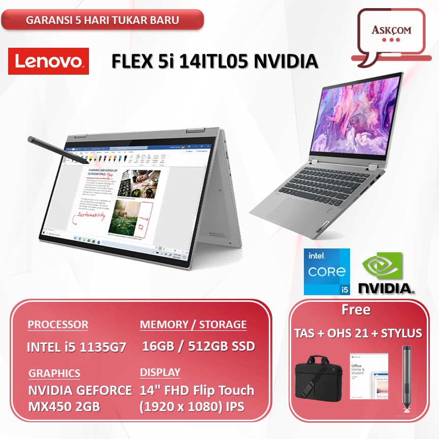 Lenovo Flex 5 14 2in1 Touch i5 1135G7 16GB 512GB SSD MX450 2GB 14.0&quot;FHD Windows11+OHS 2021