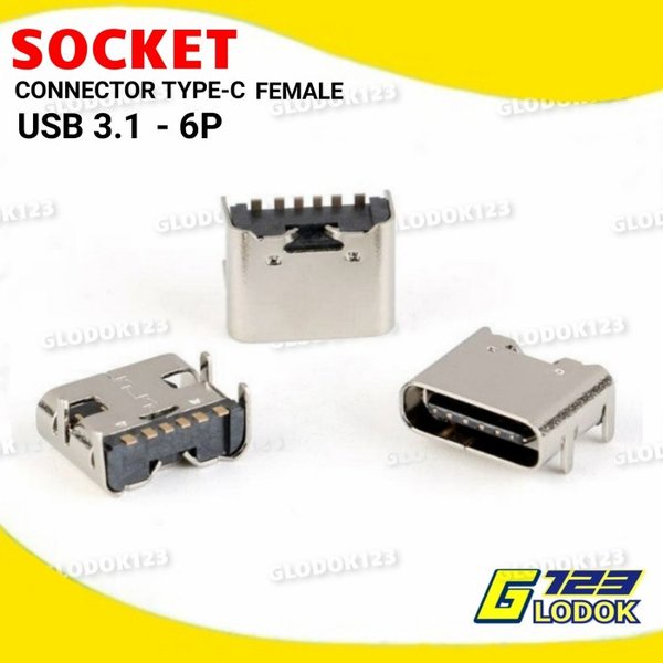 Socket Konektor Soket USB 3.1 Type C Female 6Pin PCB SMT HD Connector