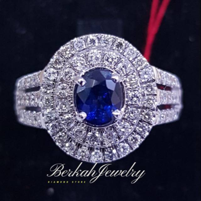 Cincin berlian eropa asli natural diamond batu blue safir ring emas putih 40% wanita