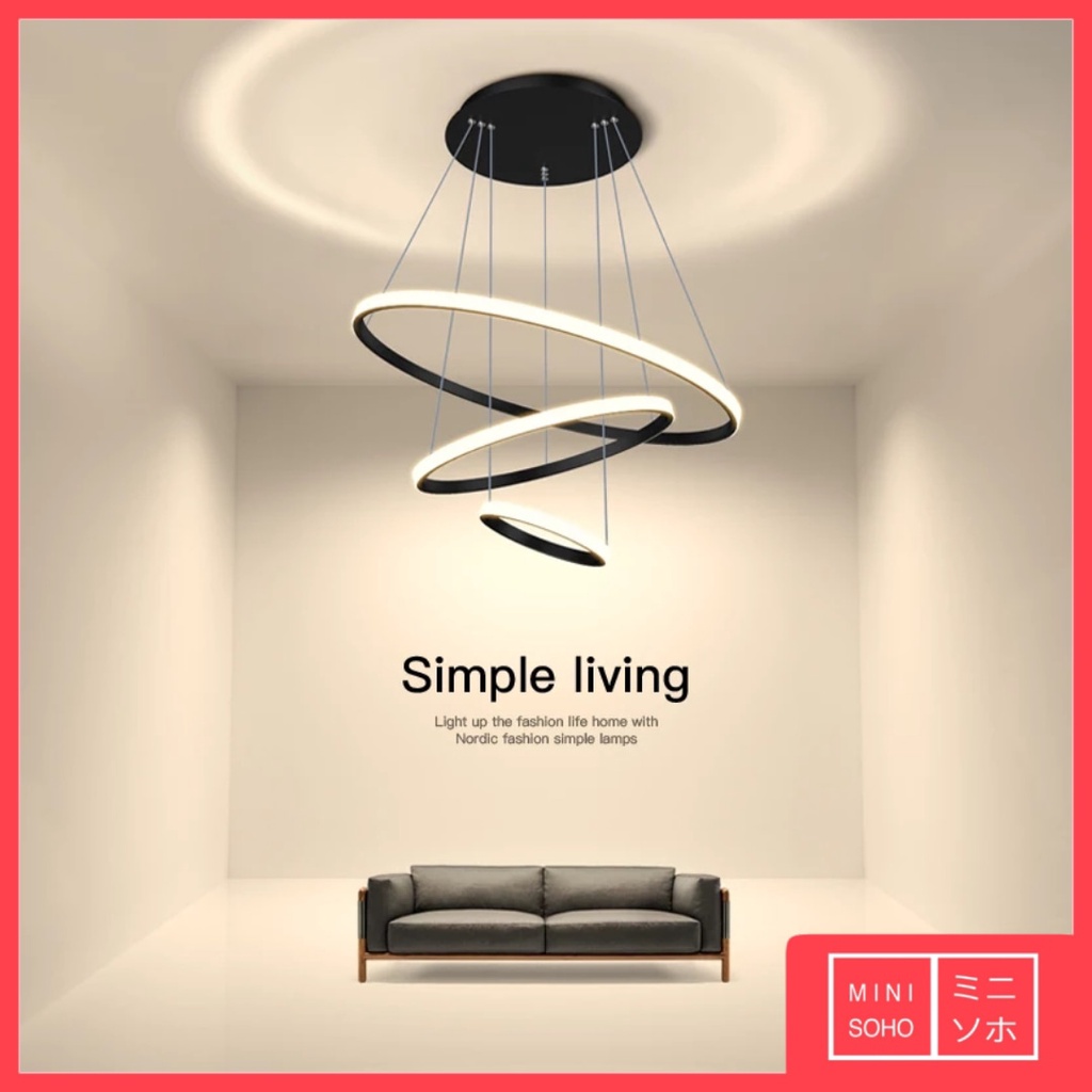 Lampu Gantung Hias Mewah Luxury Premium Minimalis Modern Aesthetic Estetik 3 Ring Pendant LED - Hitam / Gold