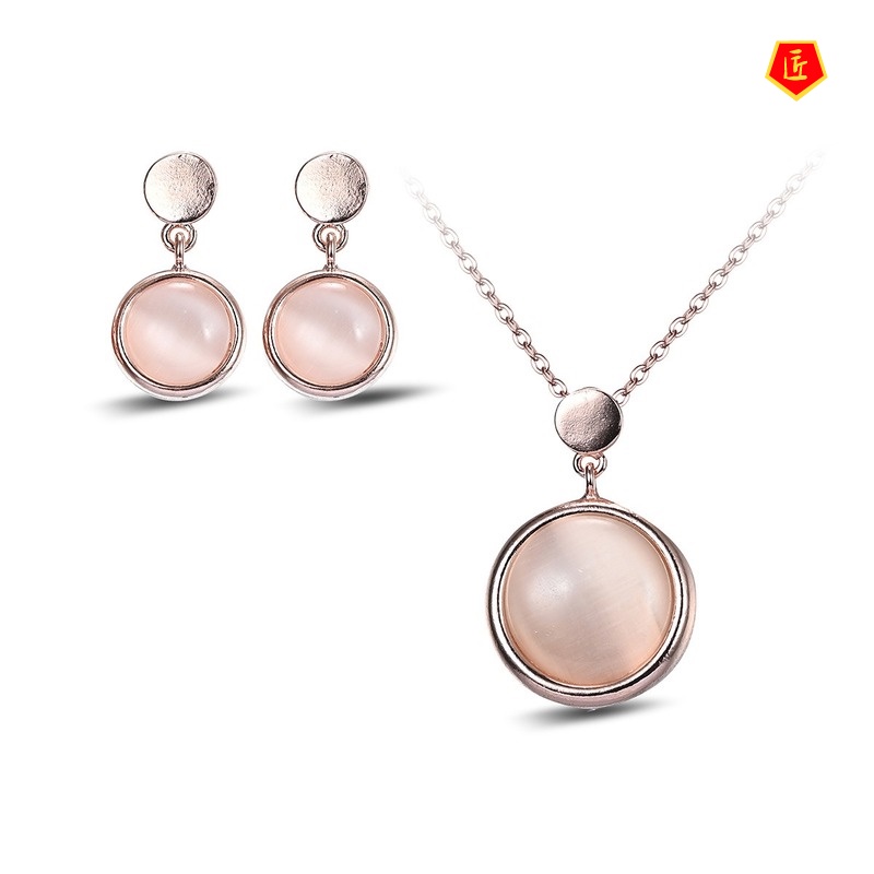 [Ready Stock]New Rose Gold Opal Pendant Exaggerated Pink Crystal Earings Set