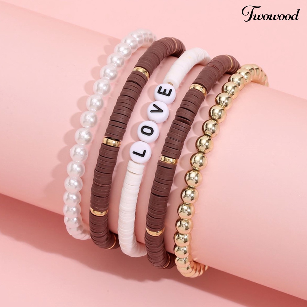 5pcs Gelang Bahan Polymer Clay Motif Tulisan Love Warna-Warni Gaya Bohemian Untuk Unisex