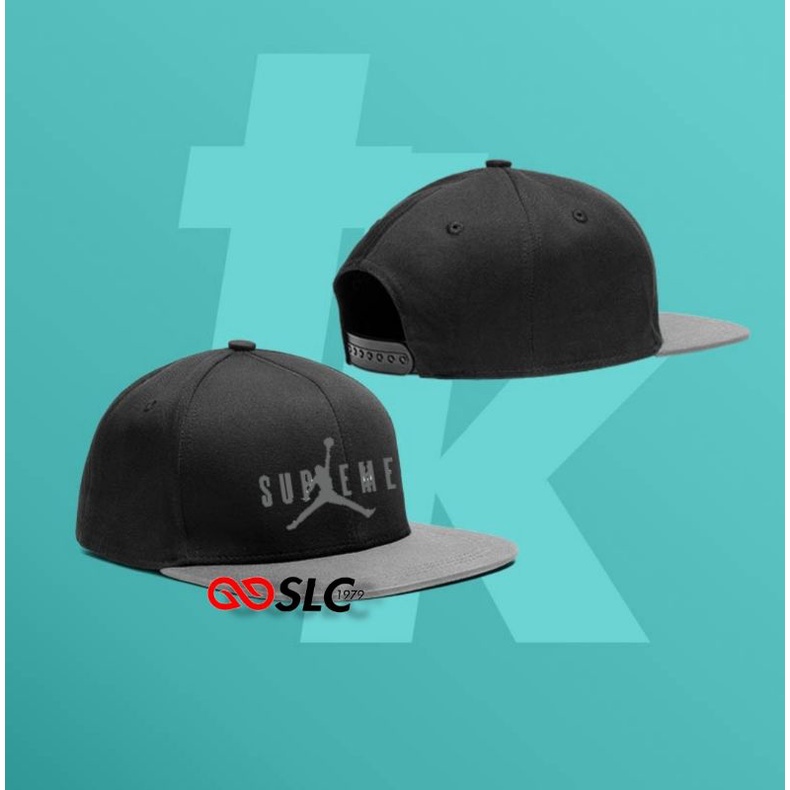 TOPI SNAPBACK BASEBALL TRUCKER HAT SUPREME JORDAN ABU HITAM CUSTOM LOGO SENDIRI SATUAN LUSINAN