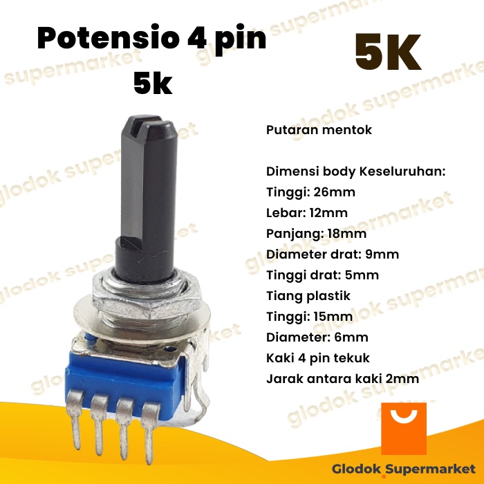 Potensio 4 pin 5k Stereo Kaki 4 Tekuk Segi Biru 502