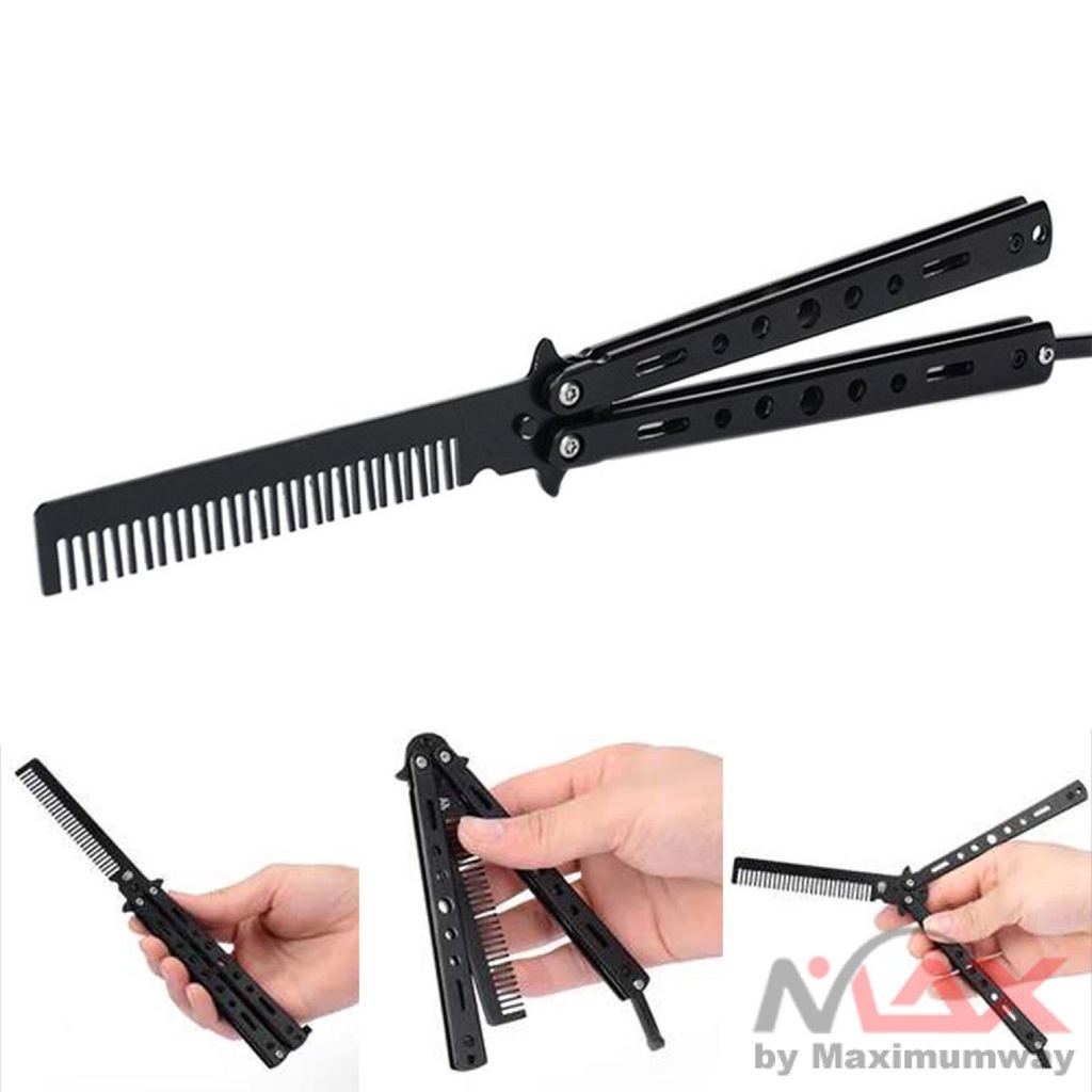 Sisir Laki Laki Sejati Sisir Besi Model Auto Macho Anti Stres Sisir Lipat Besi Sisir Cowok Foldable Comb Stainless Steel Practice Training Butterfly Knife Comb Beard Moustache Brushes Hairdressing Styling Tool Folding