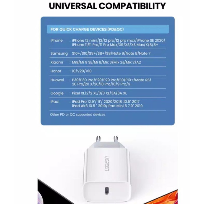 Charger Ugreen iPhone + Kabel Lightning Mfi - Ugreen Fast Charger iPhone 14 13 12 11 8 XR XS Original