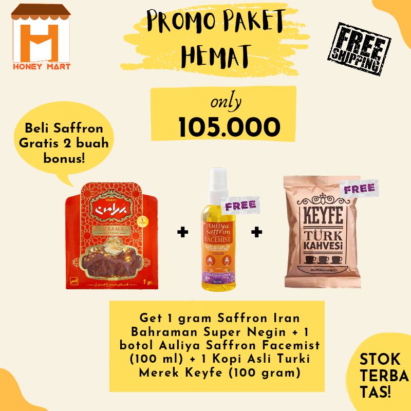 

Saffron Iran Bahraman Original 1 Gram | Free 1 Botol Facemist Saffron + 1 Kopi Asli Turki