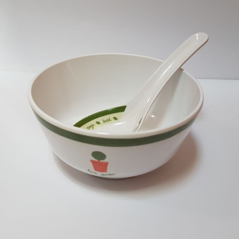 Vanda Melamin Set Mangkok + Sendok Bebek Nasi Sup Melamin Motif Pohon Herb Garden Putih Hijau