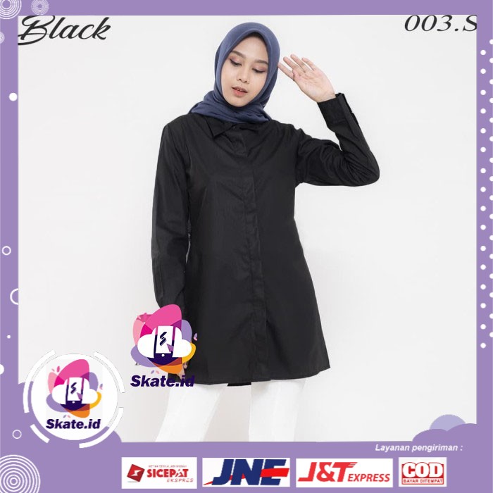 SK kemeja tunik hitam putih polos panjang kancing nutupi pantat bokong wanita - BD