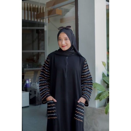 Gallery Exclusive Abaya Hitam Gamis Bordir Turkey Zigzag Kantong Busui