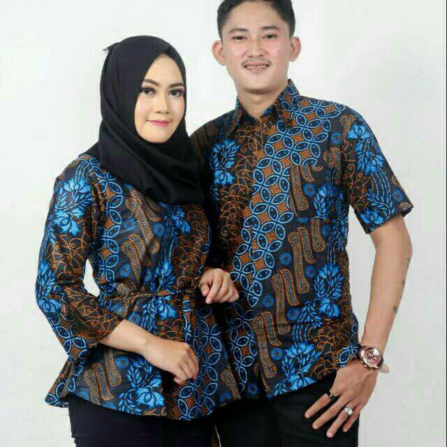 Couple Batik Modern Kawung Slempang Biru Sarimbit Batik Pekalongan