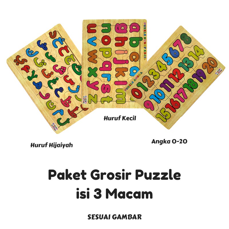 Rapid Toys Isi 3 Puzzle / Paket Puzzle Kayu Jigsaw / Huruf Hijaiyah Huruf Kecil Dan Angka