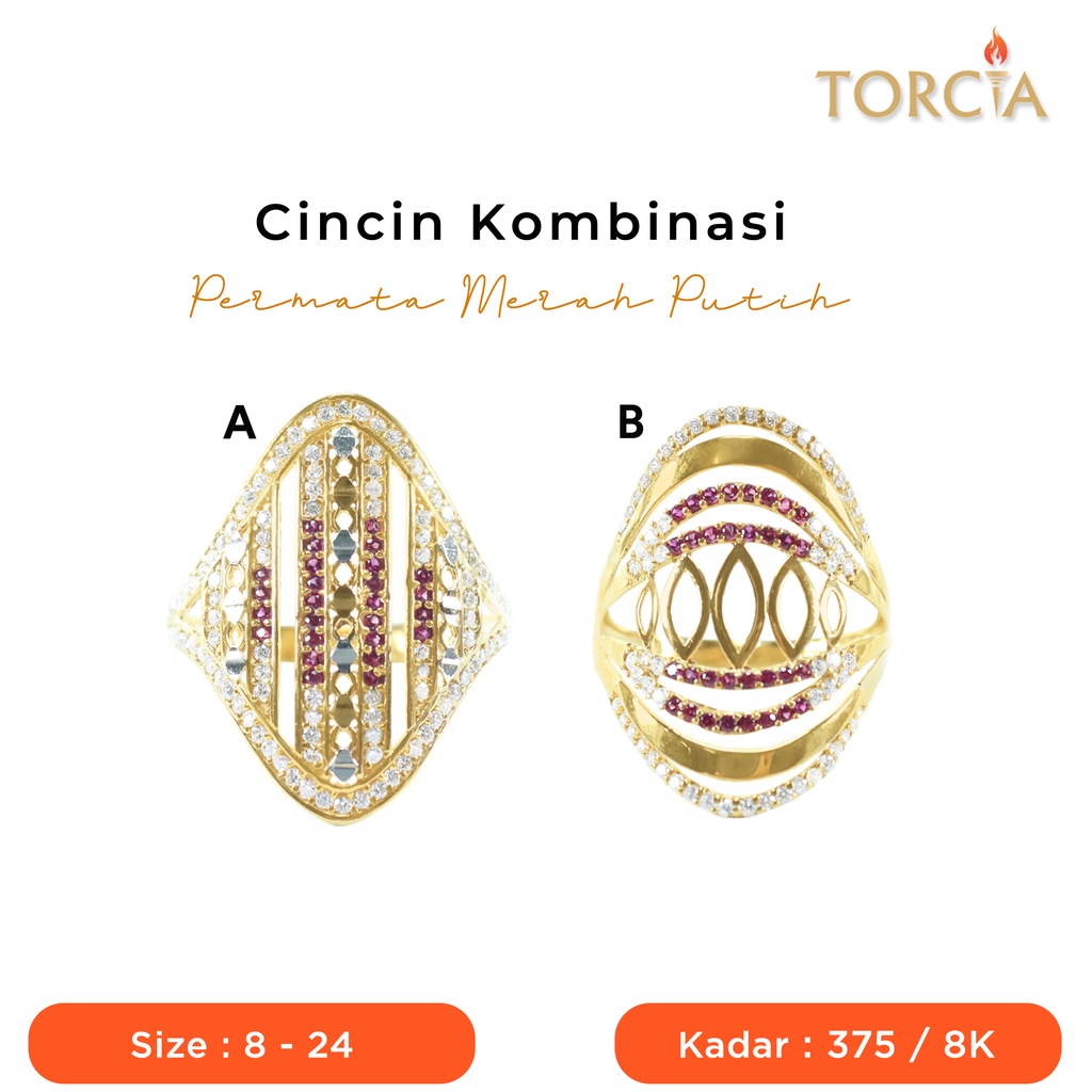 Cincin Emas Asli Kombinasi Permata Merah Putih Kadar 375 Torcia