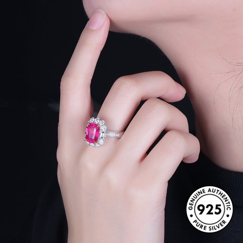 Cincin S925 Silver Bentuk Kotak Aksen Berlian Warna Merah