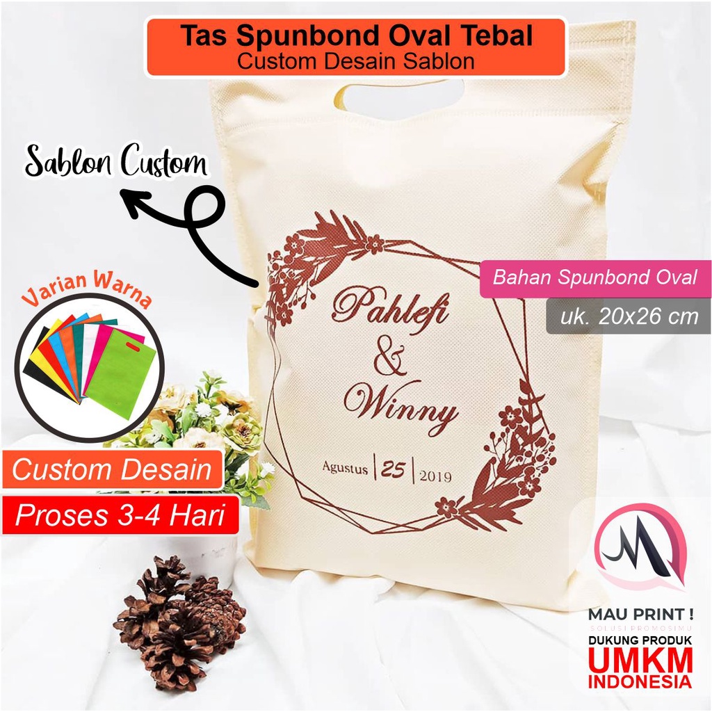 Godie bag tas kain spunbond custom desain sablon model oval uk. 20x26 cm kantong souvenir belanja bi