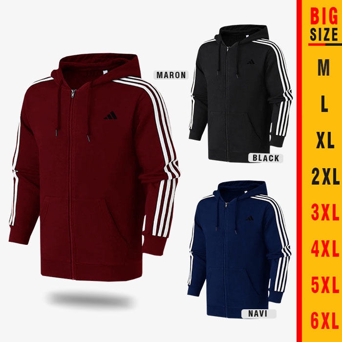 Jaket adidas three stripe Zipper big size M L XL XXL XXXL XXXXL XXXXXL Maron Hitam Navi