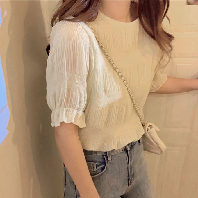 Blus O neck Lengan Pendek Model Lipit Bahan Sifon Warna Blus O neck Lengan Pendek Model Lipit Bahan Sifon Warna
