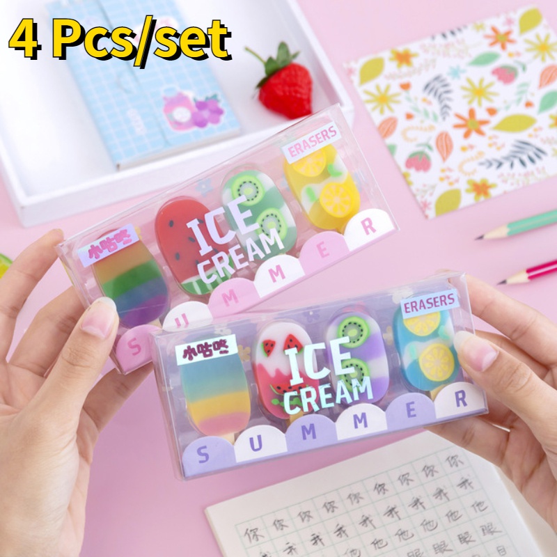 4pcs / set Penghapus Karet Bentuk Es Krim Kawaii Untuk Anak / Pelajar