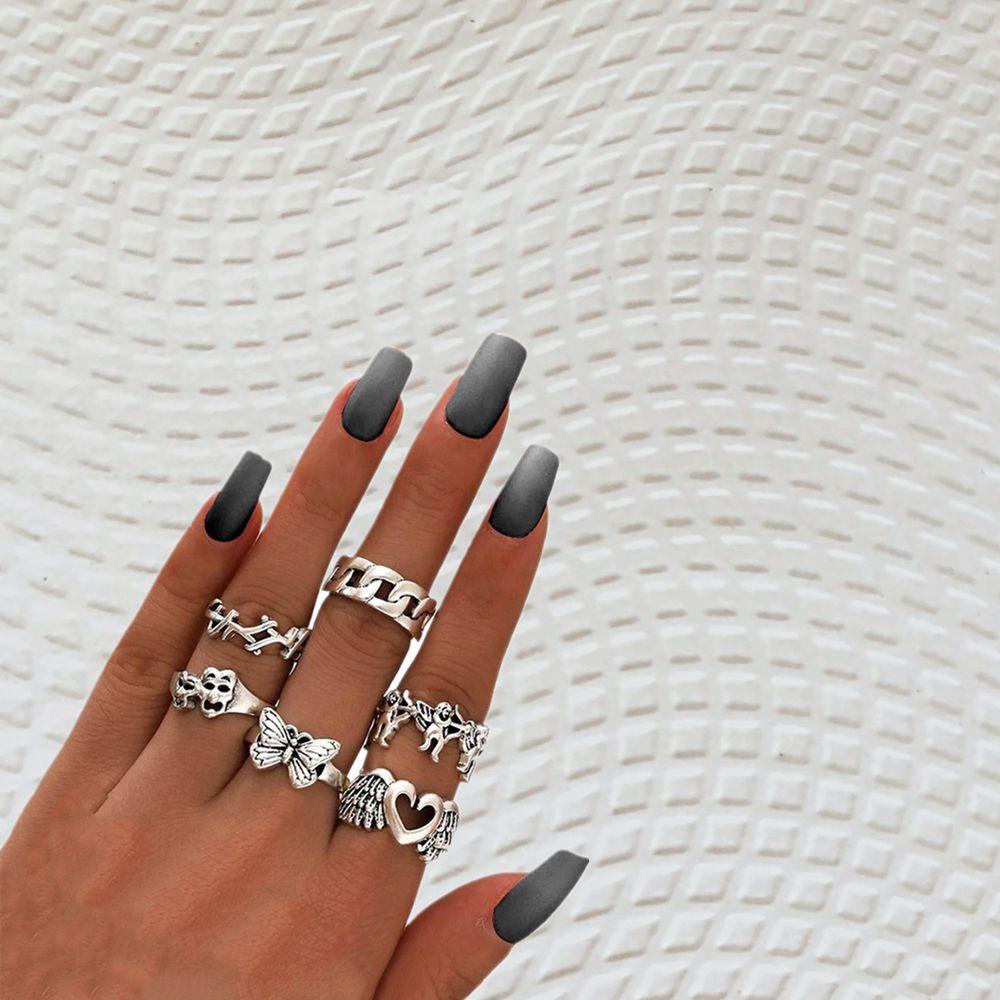 Solighter 6pcs/Set Cincin Jari Set Wanita Pria Kupu-Kupu Tengkorak Hati Sayap