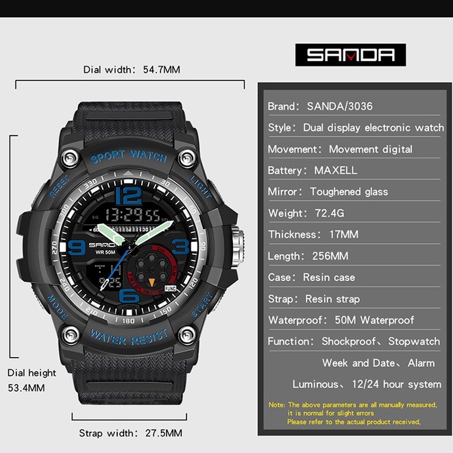 SANDA 3036 Jam Tangan Pria Digital Analog Tali Rubber Shockproof Anti Air WATCHKITE WKOS