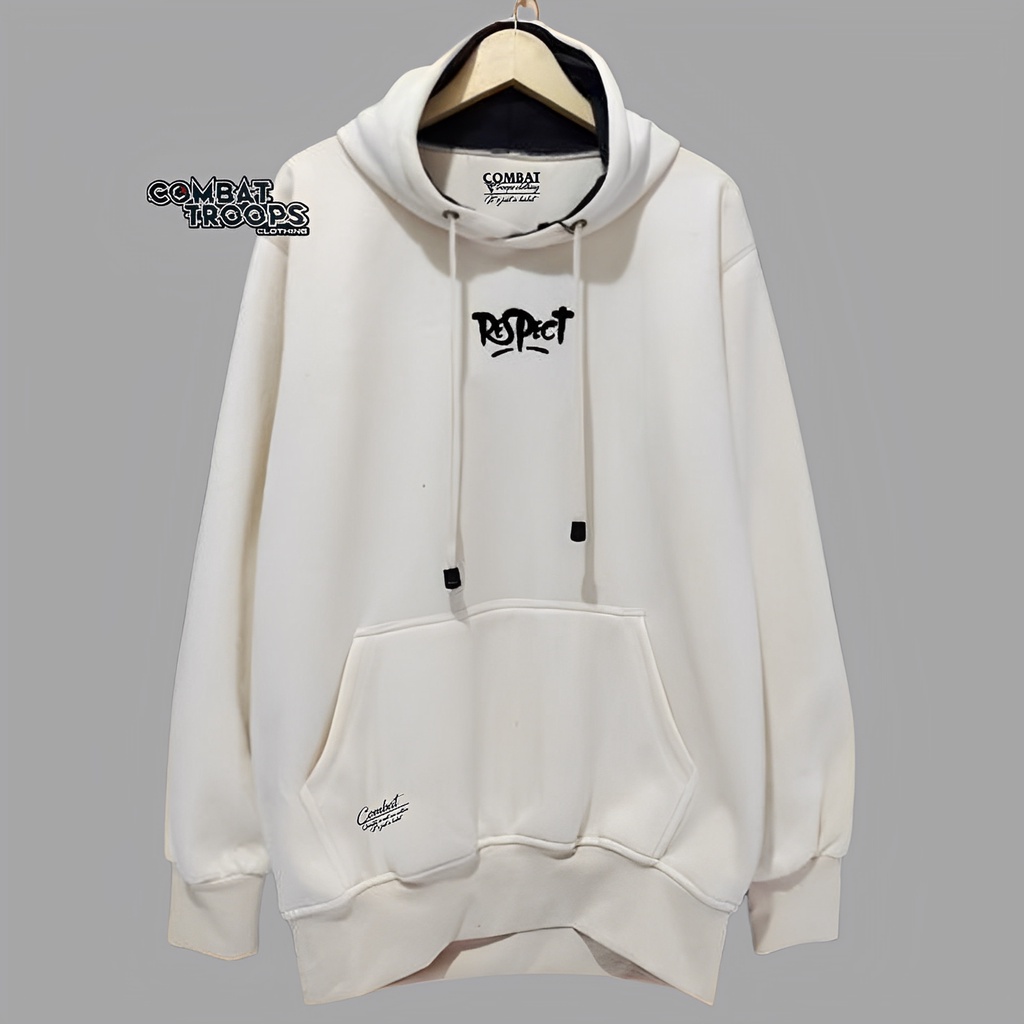 Jaket Sweater Hoodie Pria Wanita Prai Wanita Distro Bandung Warna Cream List Respect Hoodie Cowok Cewek Jumper Size XXL