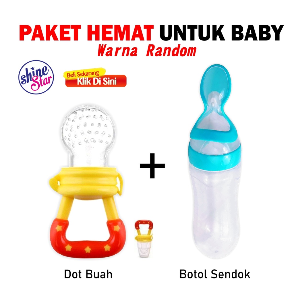 SHINE STAR - BAYAR DI TEMPAT - PAKET 2 IN 1 PROMO Botol Sendok Makan Bayi + Dot Bayi / Dot Buah - Warna Random