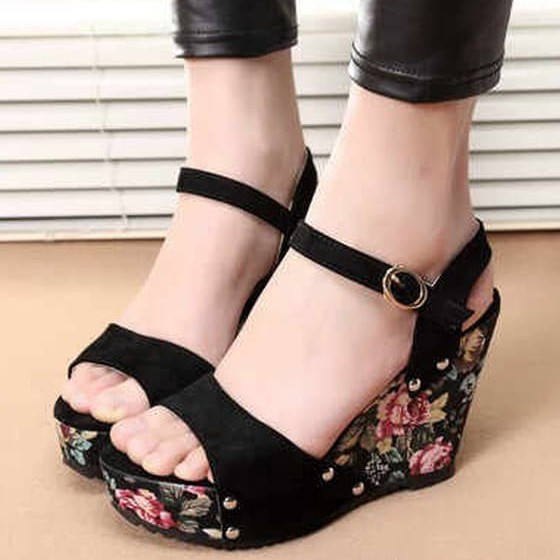 Sandal Wedges Wanita Motif Bunga lucu bukan gucci