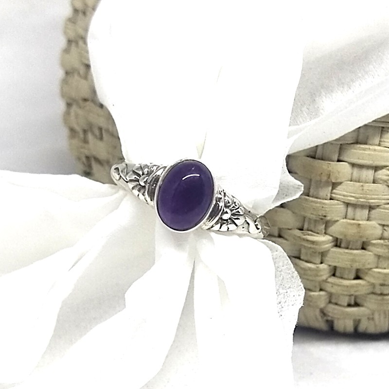 Cincin Ring Perak Silver Bali Midi Batu Ungu Amethyst Oval Bunga Asli 925 Pria Laki Wanita Custom