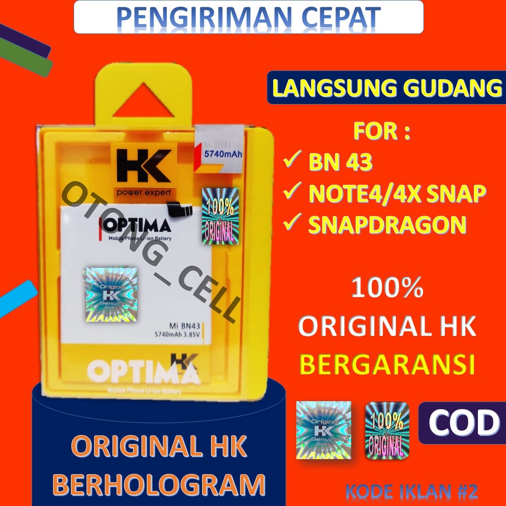 HK BN43 BATERAI bisa untuk xiaomi bisa untuk redmi NOTE 4 4X SNAPDRAGON BN 43 DOBEL POWER HK OPTIMA 