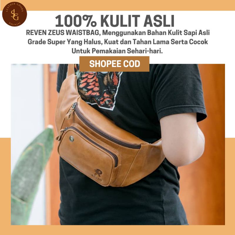 Tas Selempang Kulit Pria Reven Zeus Waistbag Branded Original Kulit Sapi Asli Premium