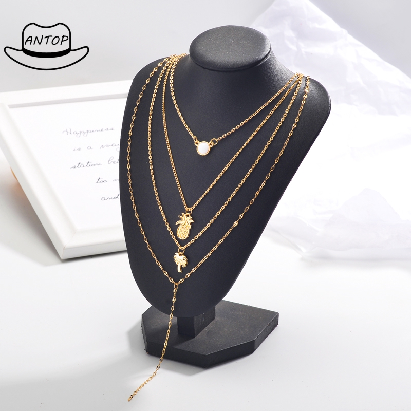 Antop！Ins Angin Kalung Empat Lapis Kalung Nanas Pohon Kelapa Rantai Klavikula Necklace