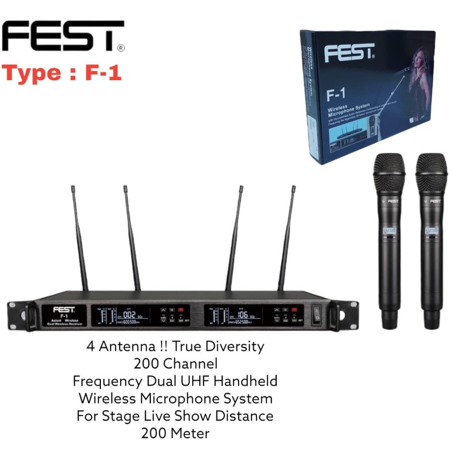 Mic Wireless Fest F1 UHF 2Mic Handle Digital Wireless 4Antena Original