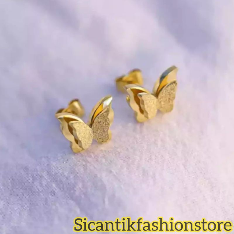 Anting Titanium Tusuk Model Kupu-kupu Gold Fashion Wanita Terlaris Anti Karat Anting Wanita Terlaris