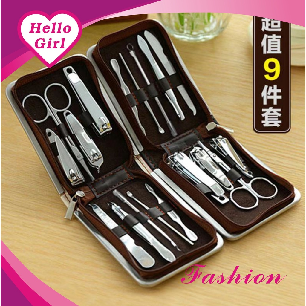 (Hello Girl) D39 Set Gunting Kuku /Peralatan Menicure 8in1 Mini Stainless Stell Gunting Kuku Portable Tools Set Dengan Dompet Import