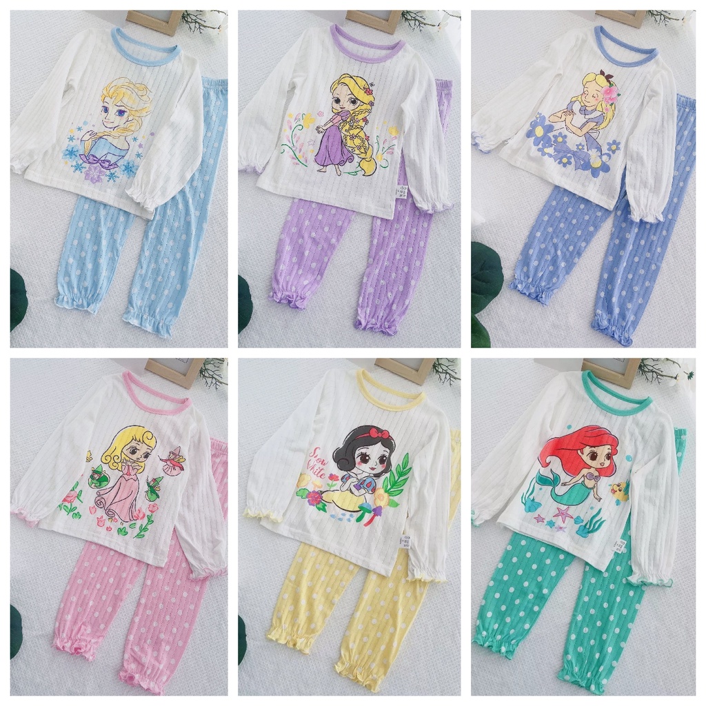 Piyama Anak perempuan impor motif Princess Elsa/Mermaid/Alice/SnowWhite/Rapunzel/Aurora