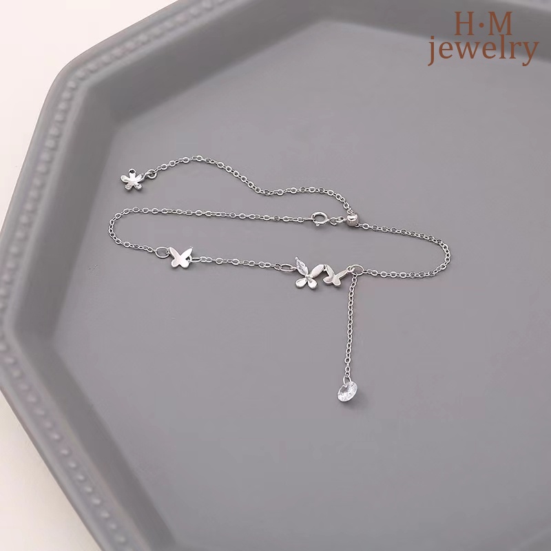 Gelang Kaki S925 Silver Model Rumbai Kupu-Kupu Aksen Berlian Butterfly