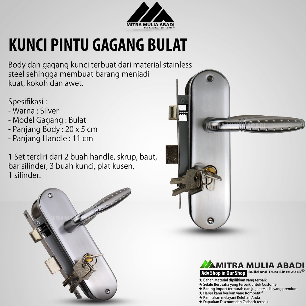 Kunci Pintu Tanggung Silinder Premium l Gagang Bulat Stainless Handle 20cm