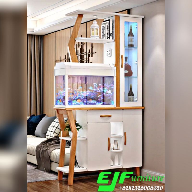 partisi penyekat ruangan minimalis modern dengan aquarium model terbaru jepara