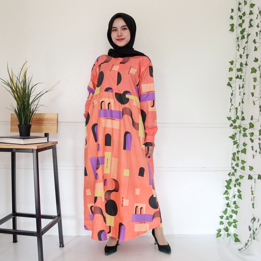 IZANY GAMIS / Dress Muslim XXL Jumbo Lengan Kancing Banyak Motif-ART ORANGE
