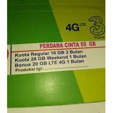 Kartu Perdana internet Three Tri 50gb cinta 6 gb + 12gb+ 20gb data