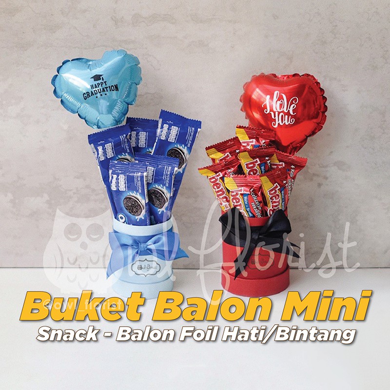 Buket Balon Custom Mini Snack Bunga Artificial Surabaya | Ready Buket Balon Wisuda | Kado Ulang Tahu