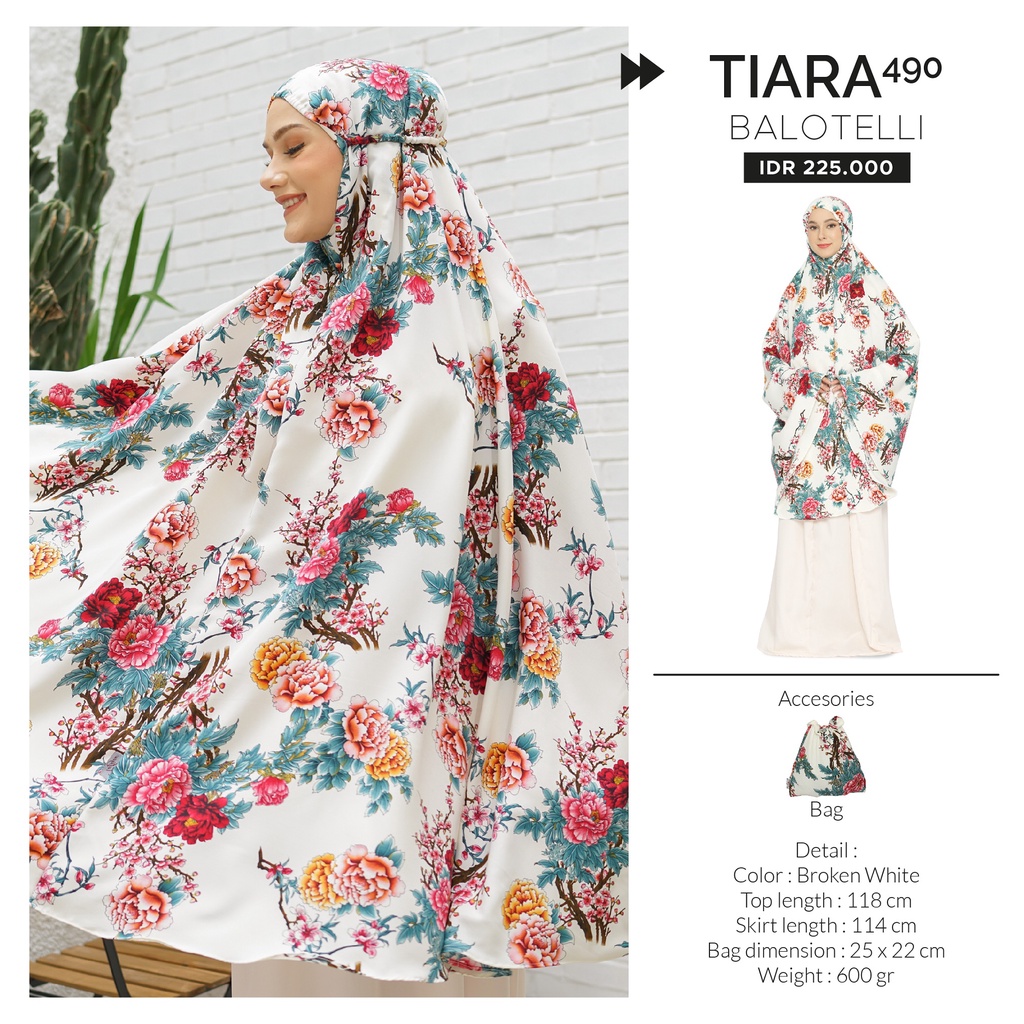 Mukena Tatuis Tiara 490 Balotelli Motif Bunga Putih Tulang Broken White Pink Biru Dongker Navy Hijau
